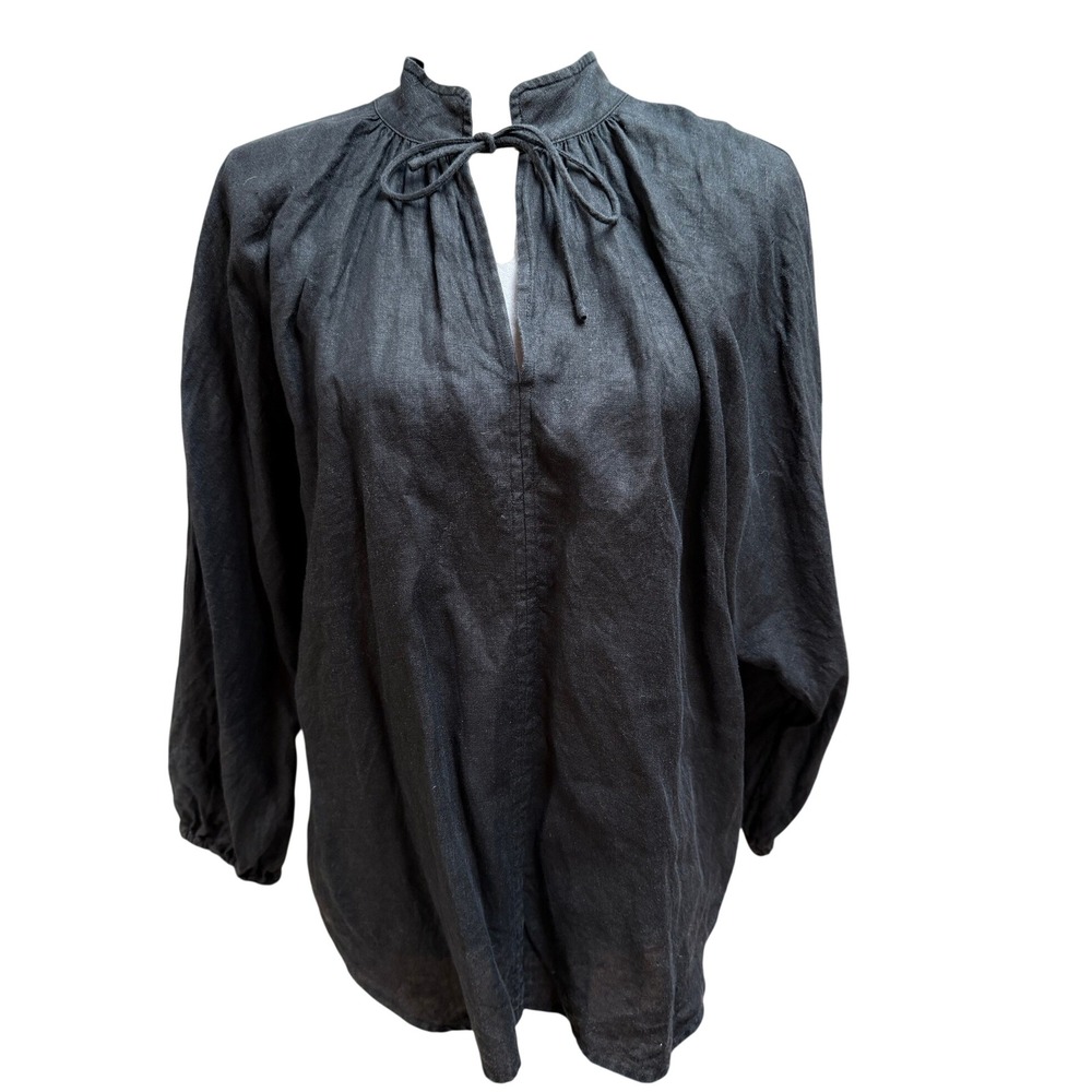 AYR Linen Good Aura Blouse Black M Relaxed Peasant Boho Pirate LightweightTop